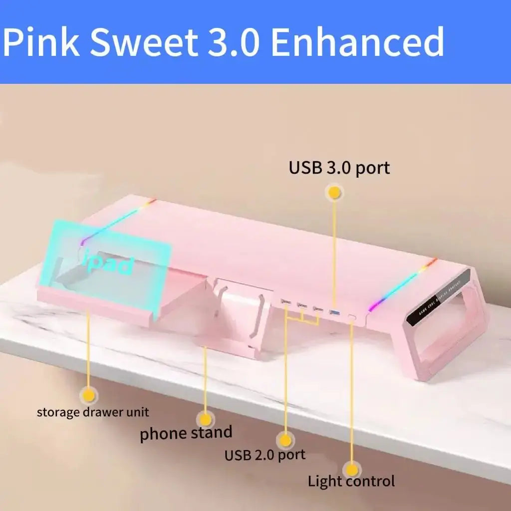 Pink monitor stand riser with storage drawer unit, phone stand, and USB ports
