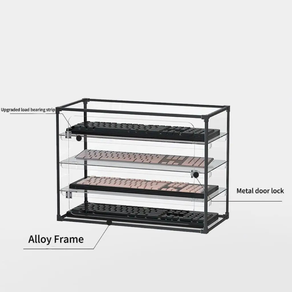 Acrylic keyboard display case with alloy frame, three tiers, and metal door lock