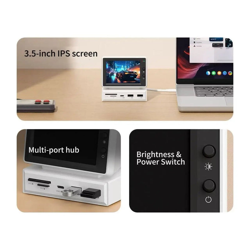 3.5-inch IPS secondary monitor dock with screen and control buttons, white body