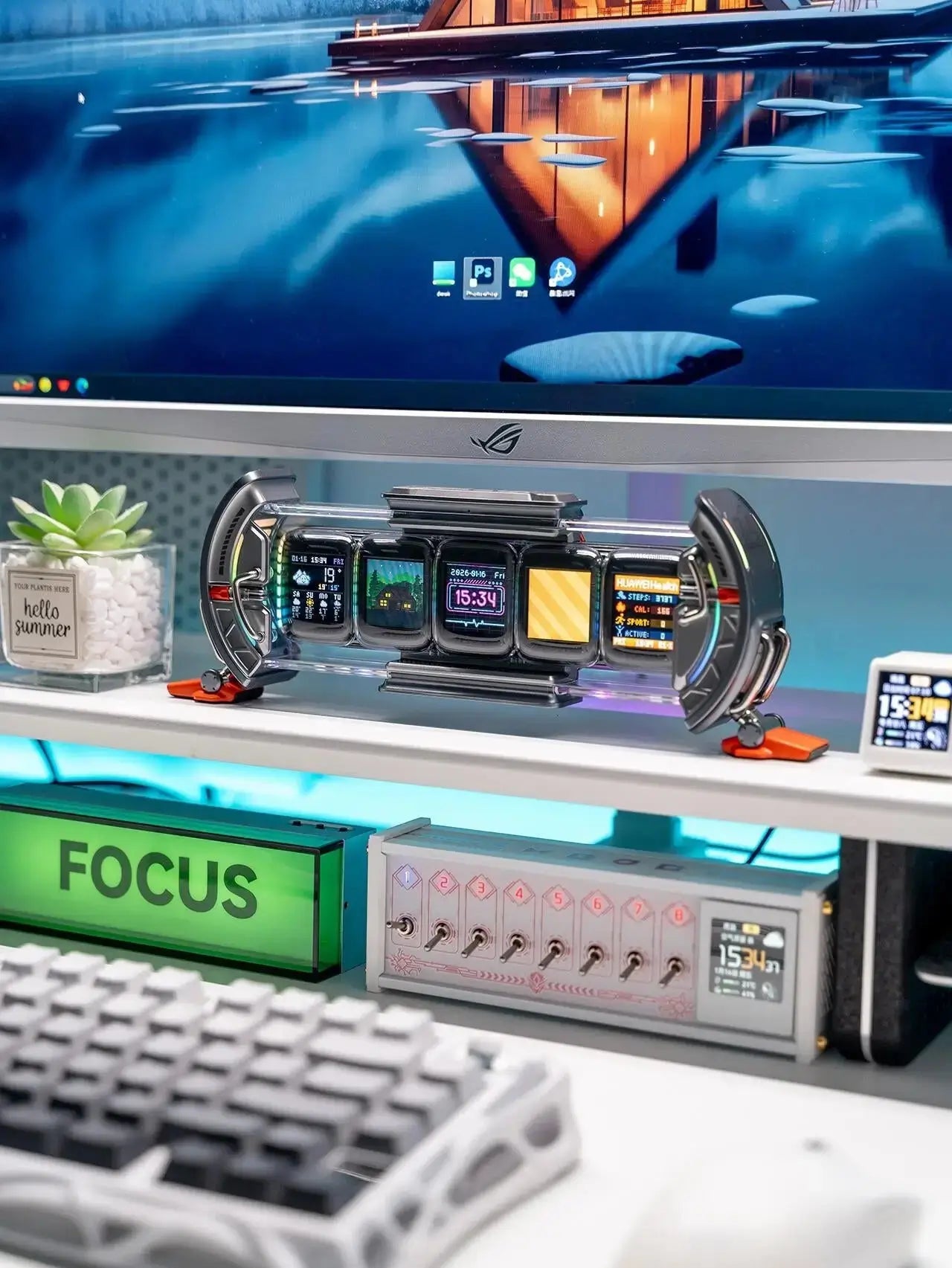 Desktop five-screen smart clock on desk with side handles and multiple time display screens