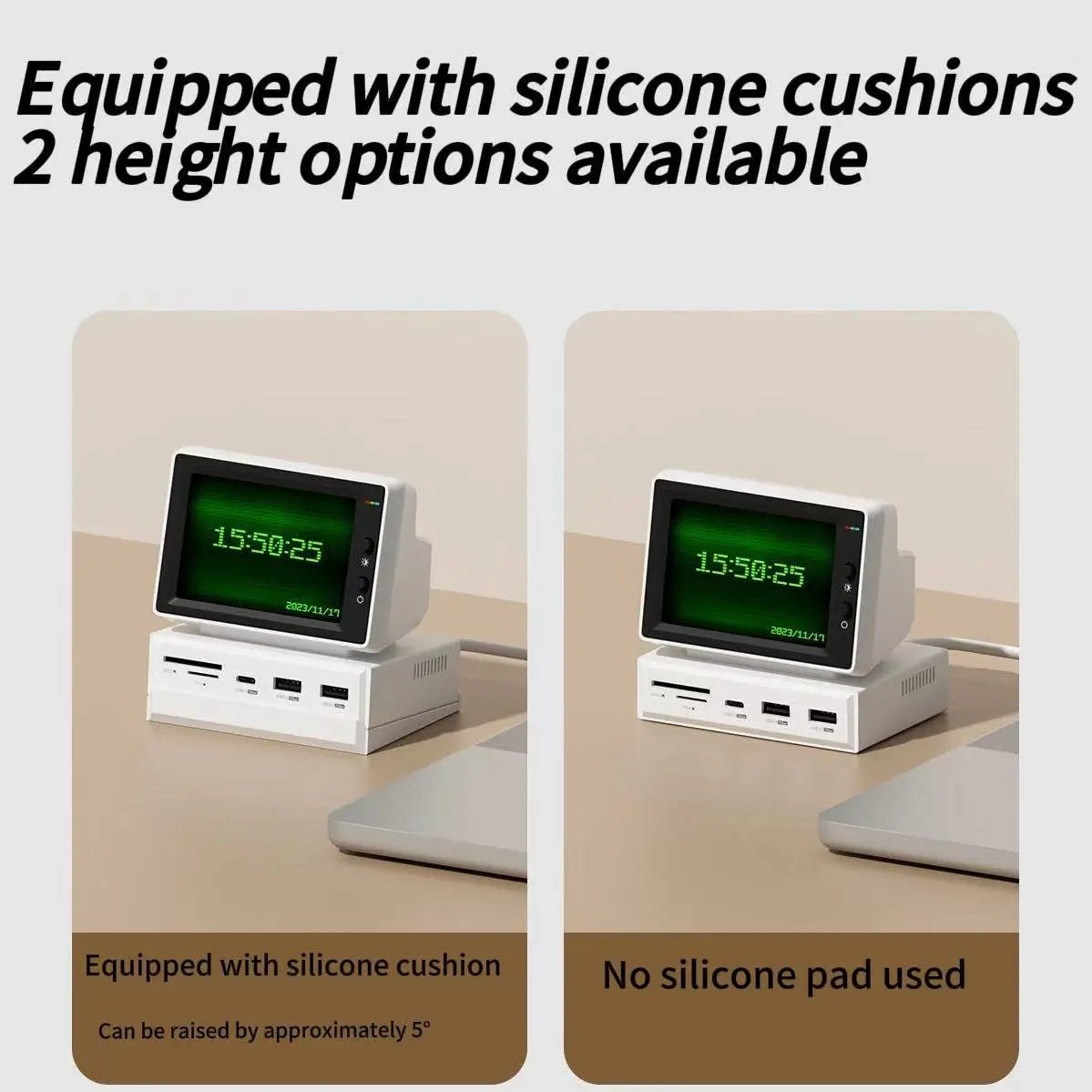3.5-inch IPS secondary monitor dock with green display, showing height options