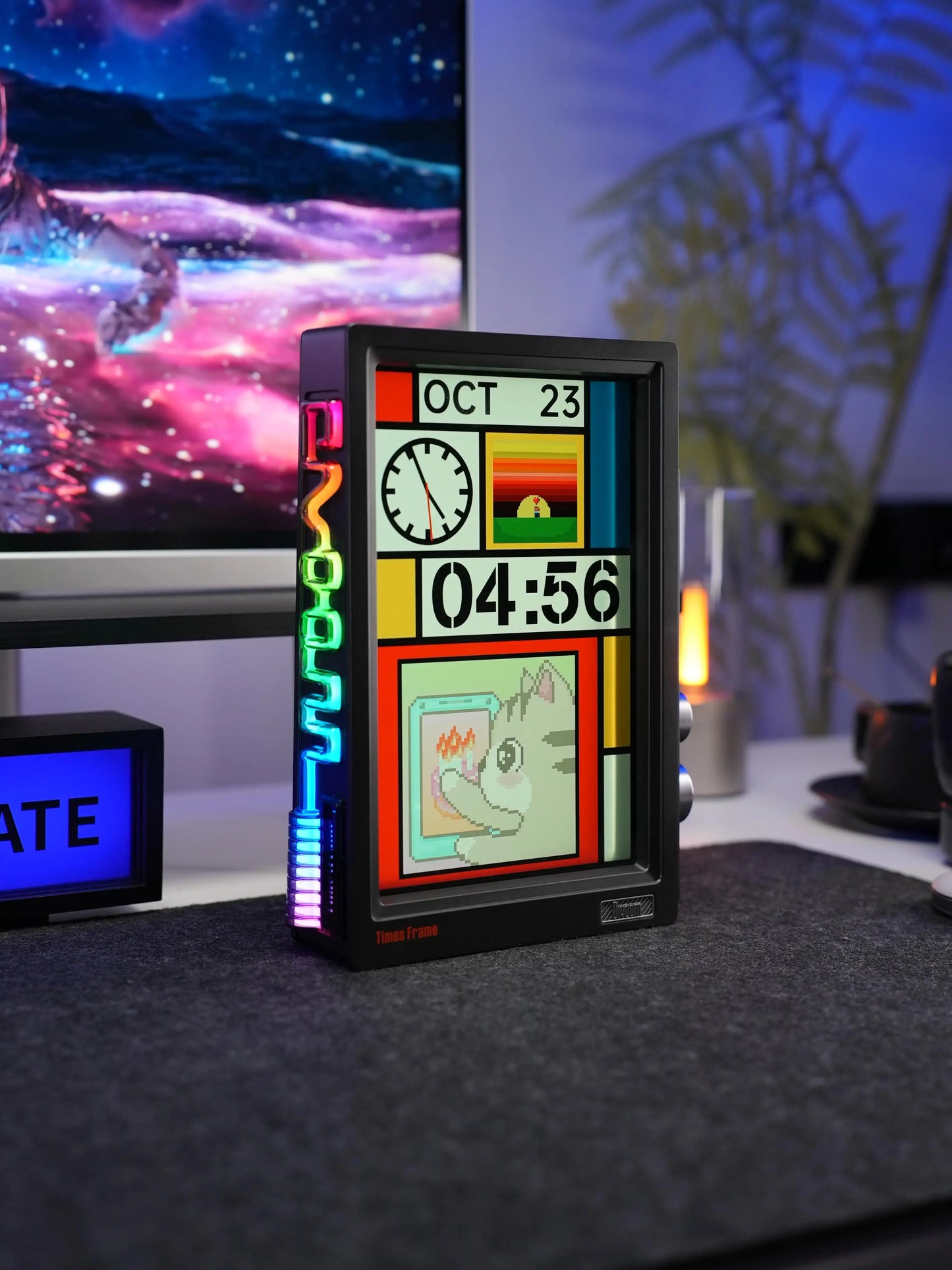 Black RGB pixel art display frame with glowing side LEDs and digital calendar clock