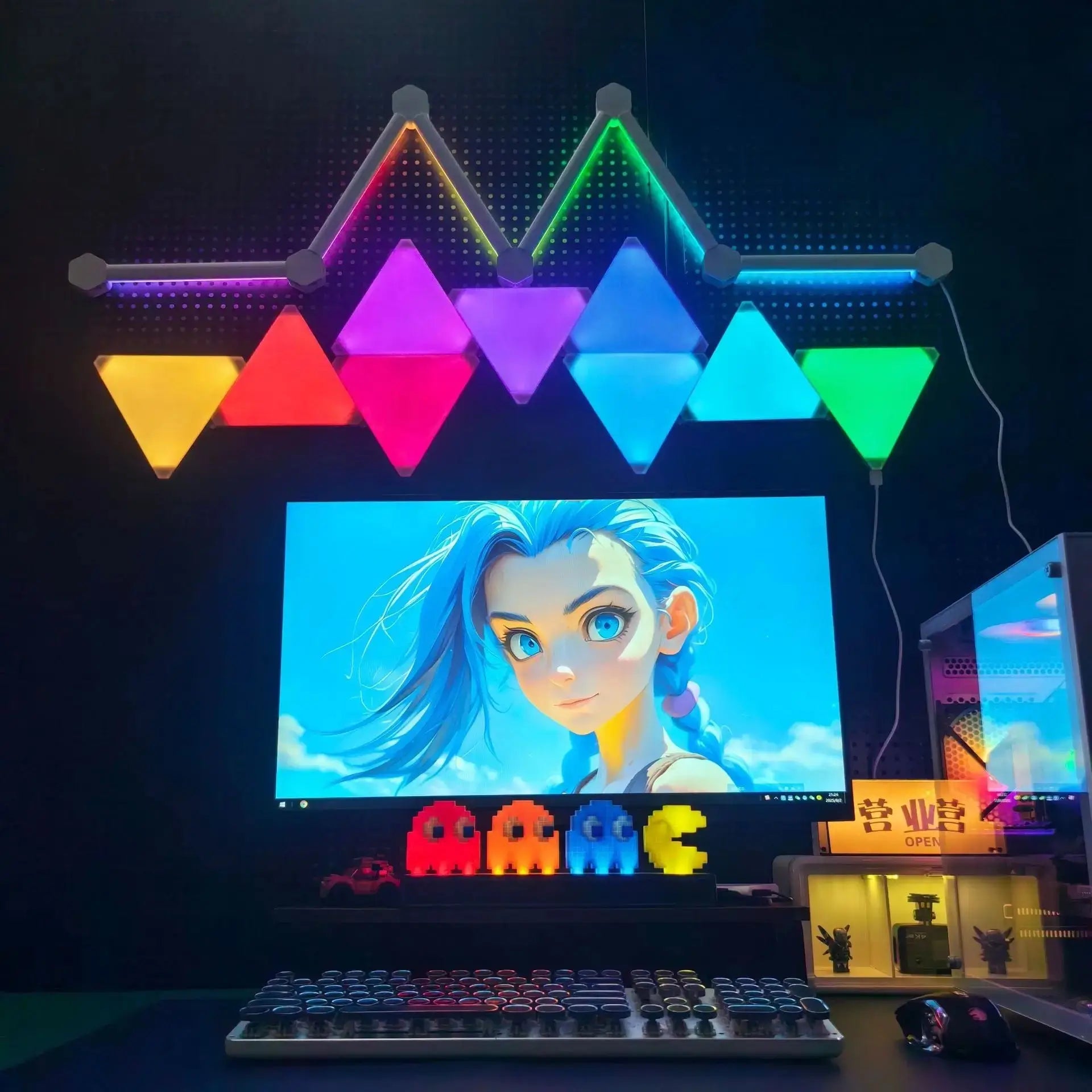 Modular LED light set with hanging triangle light modules and linear bars, multicolor glow