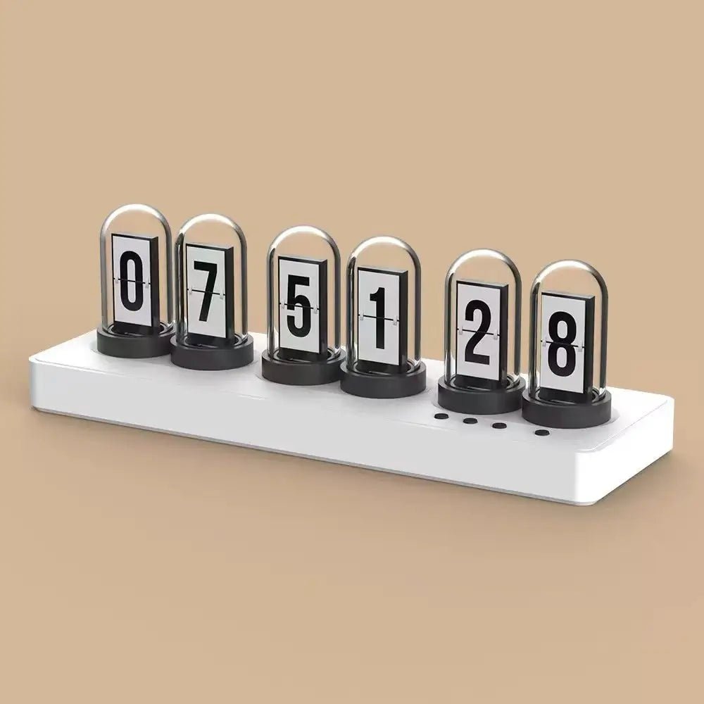 Desk nixie tube clock with 6 glass tubes showing glowing digits on white base