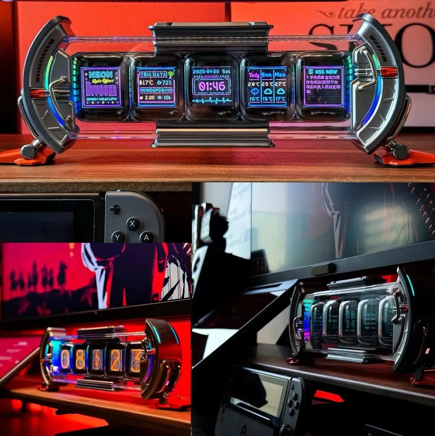 Desktop five-screen smart clock with neon-lit five displays in a transparent outer frame