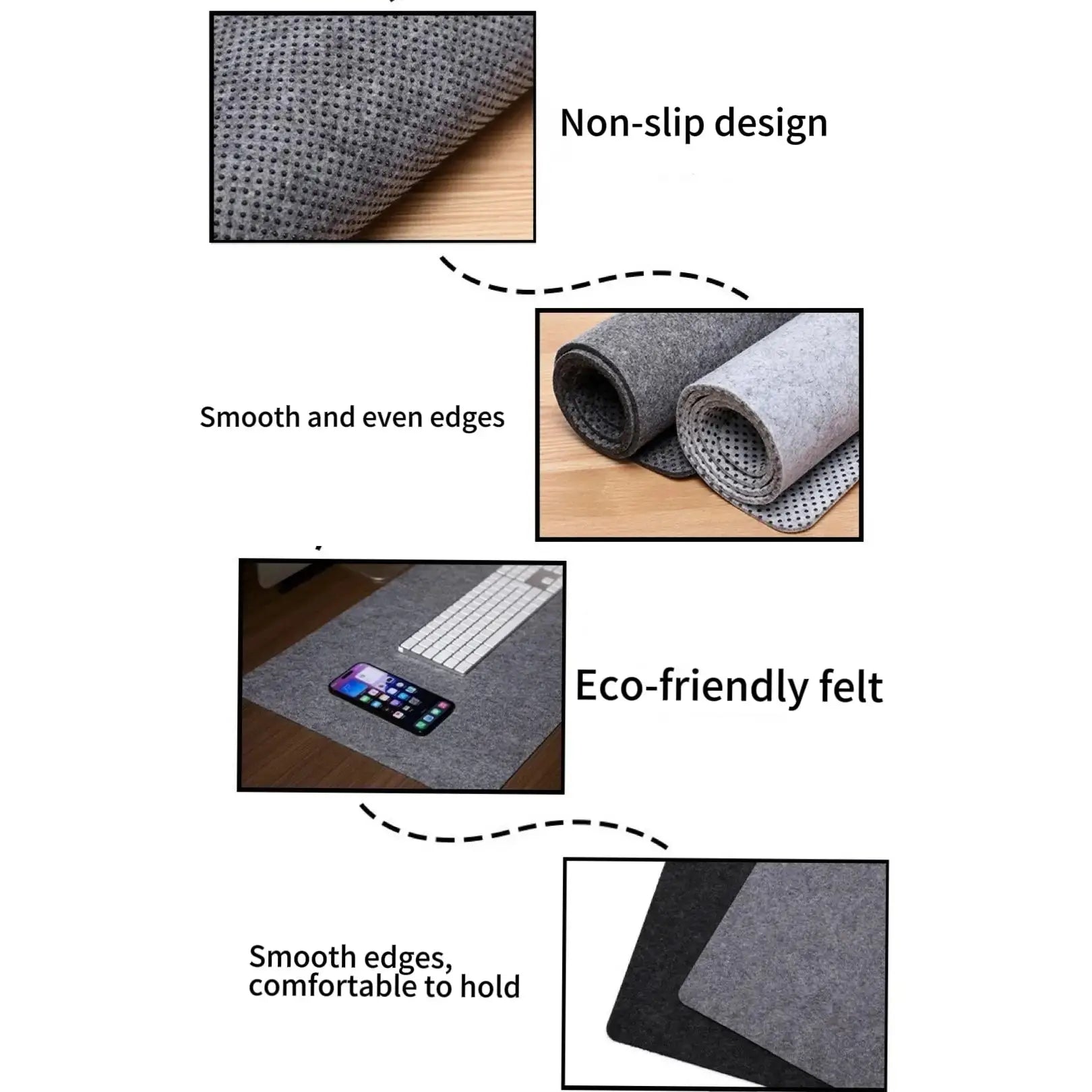 Non-slip felt desk mat with smooth edges and dotted grip underside