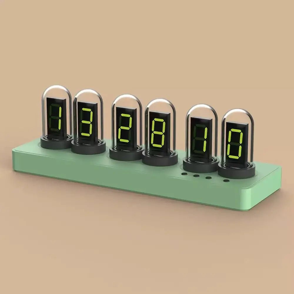 Desk nixie tube clock with 6 glass tubes showing glowing digits on green base