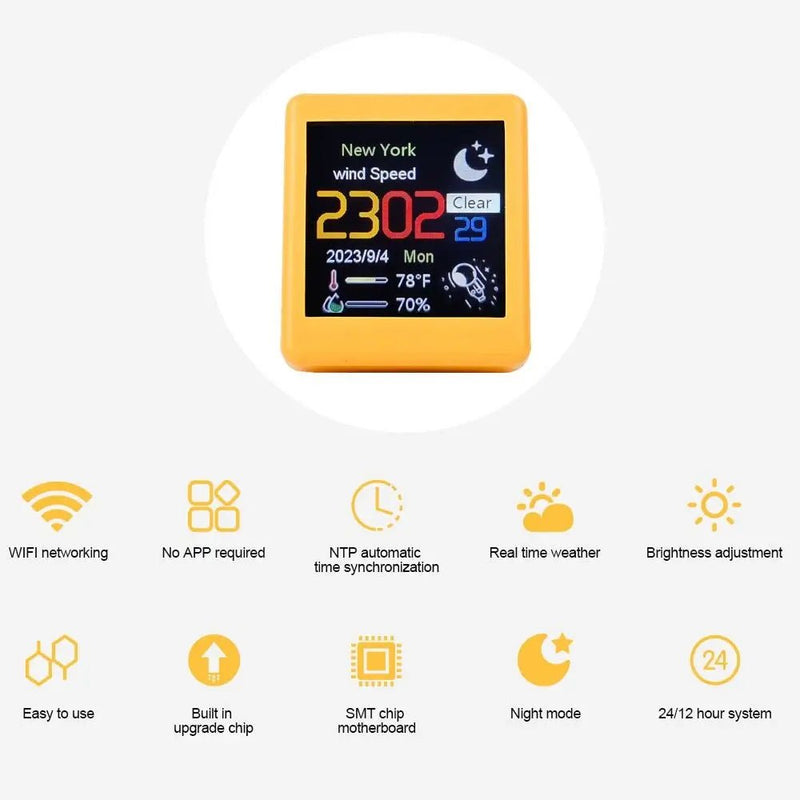 Mini smart weather station with yellow housing and digital display showing weather icons