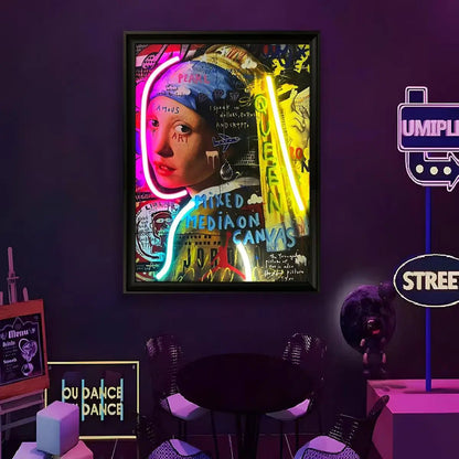 Framed LED wall art with neon portrait, pink purple and yellow light effects