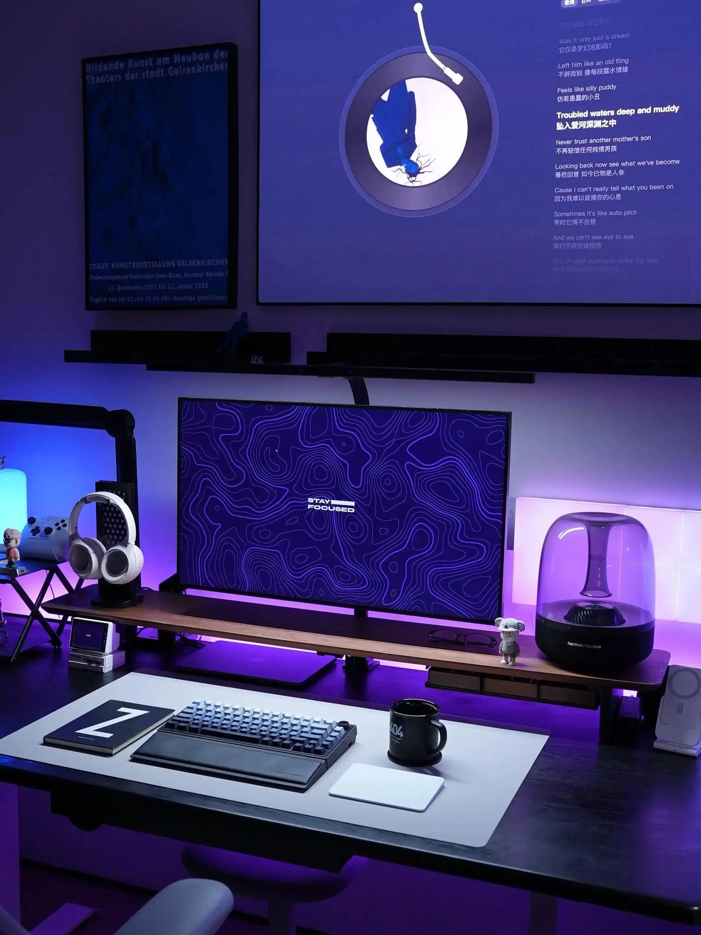 Large waterproof desk mat, dark purple gaming print for desk and mouse