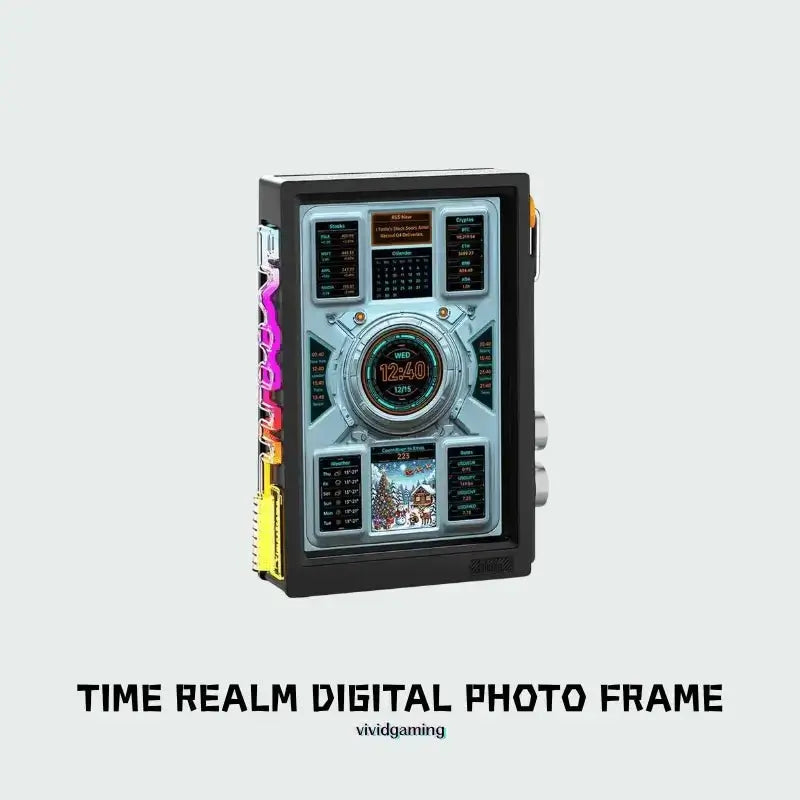 Black RGB pixel art photo frame with multi-screen display and colorful vertical LED strips