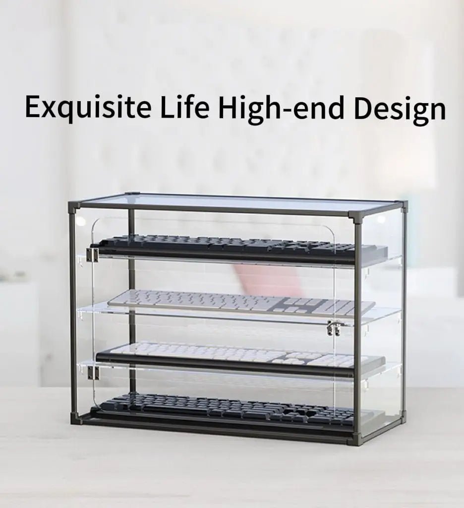 Multi-tier acrylic keyboard display case with black frame and clear shelves