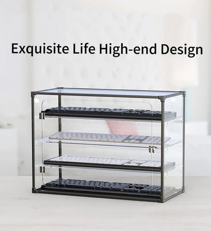 Multi-tier acrylic keyboard display case with black frame and clear shelves
