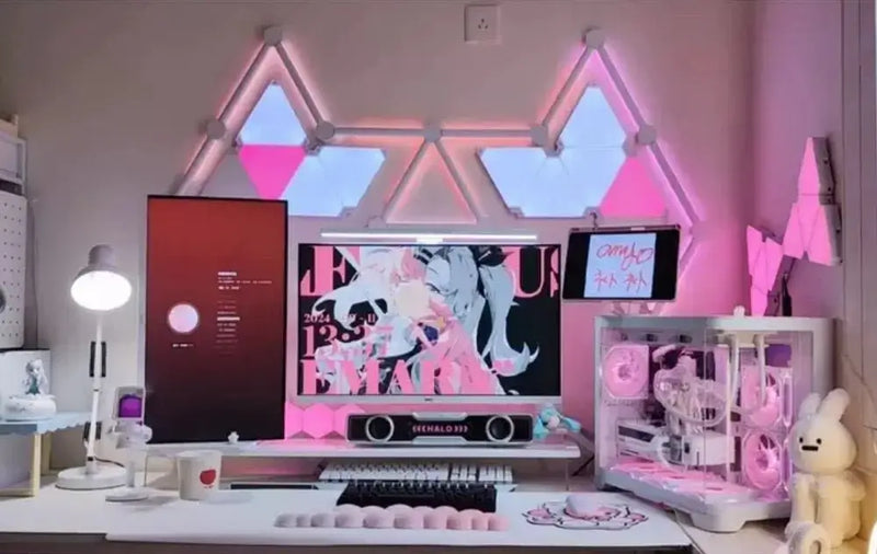 Geometric LED wall light set with triangle shapes and line bars, pink glow